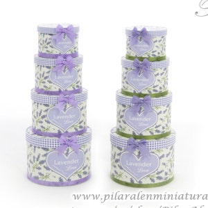 Miniature Lavender Round Hat Boxes, French Country Dollhouse Decor