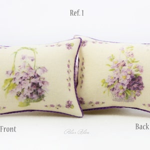 Throw miniature pillow with flowers, basket with violets, romantic cushion, shabby chic, botanical pillow, gift for woman, mother day gift Ref. 1