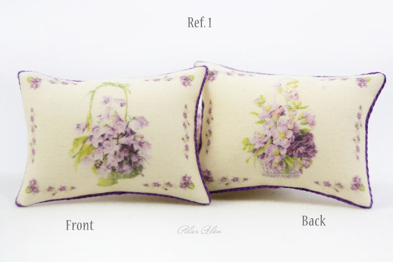 Throw miniature pillow with flowers, basket with violets, romantic cushion, shabby chic, botanical pillow, gift for woman, mother day gift Ref. 1