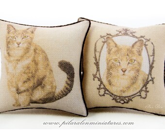 Kattenkussen poppenhuis, vintage kattenkussen, bruin kattenkussen, poppenhuisminiatuur, voor dierenliefhebbers, cadeau voor vrouw, cadeau voor kerst