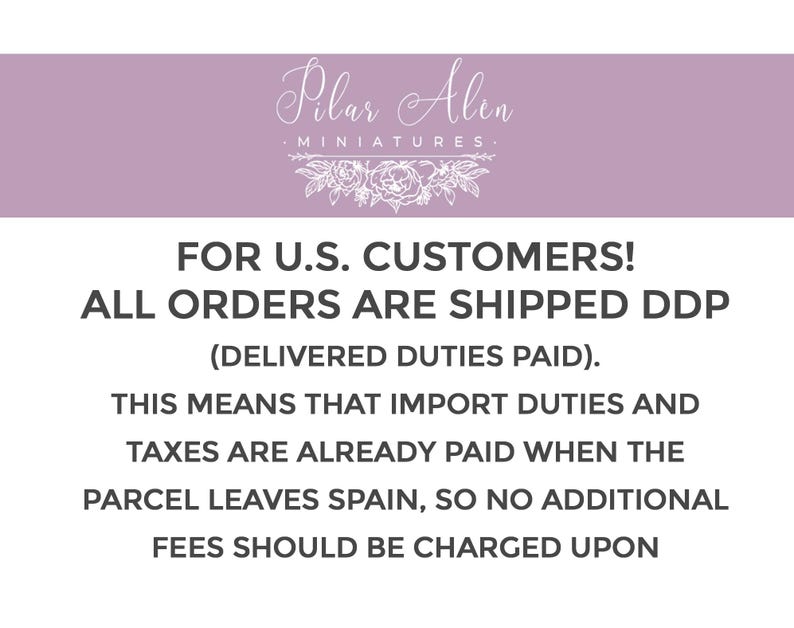 May include: A graphic banner featuring the text Pilar Alen MINIATURES in white script and block lettering on a light purple background, followed by text stating FOR U.S. CUSTOMERS! ALL ORDERS ARE SHIPPED DDP (DELIVERED DUTIES PAID).