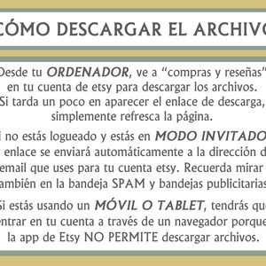 May include: A Spanish language text graphic with instructions on how to download files from Etsy. The text explains how to download files from a computer, a mobile device, and a tablet.