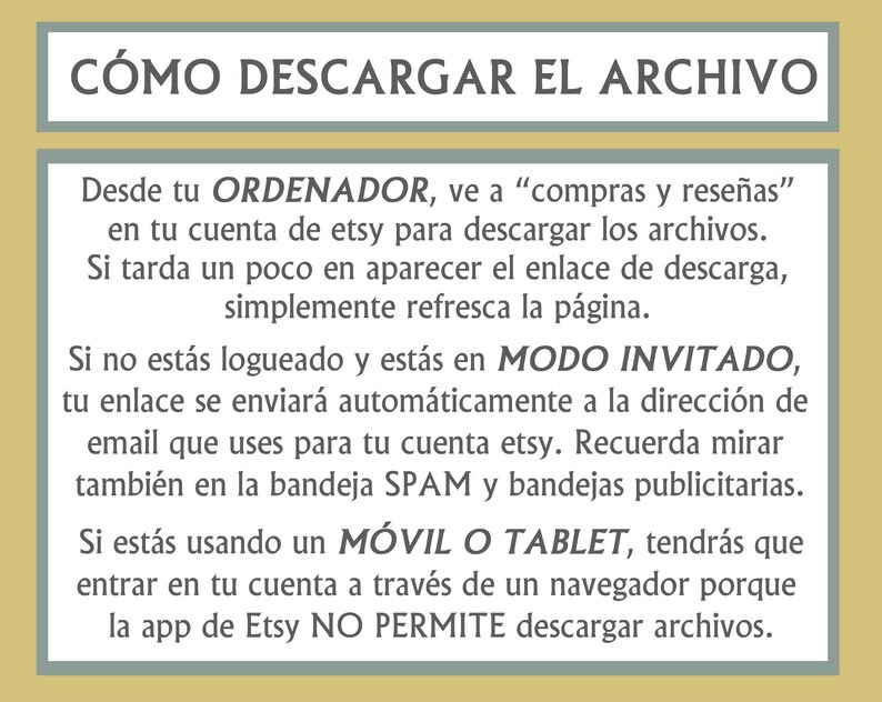 May include: A Spanish language text graphic with instructions on how to download files from Etsy. The text explains how to download files from a computer, a mobile device, and a tablet.