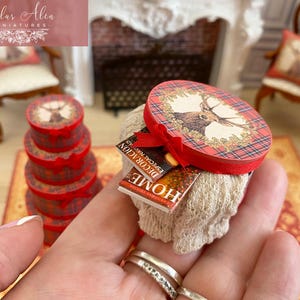 May include: Miniature Christmas-themed decorative boxes and accessories. The boxes are red with a plaid pattern and a deer illustration. A small book with the word "HOME" is visible. The scene includes miniature furniture and a fireplace.