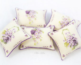 Throw miniature pillow with flowers, basket with violets, romantic cushion, shabby chic, botanical pillow, gift for woman, mother day gift