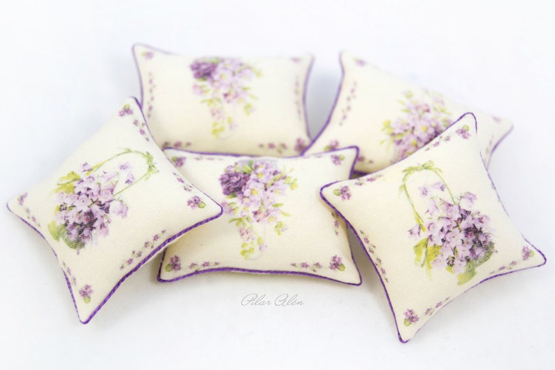 Throw miniature pillow with flowers, basket with violets, romantic cushion, shabby chic, botanical pillow, gift for woman, mother day gift image 1