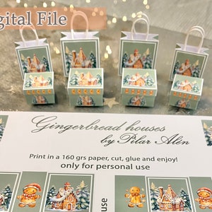 May include: Printable digital file for making gingerbread houses. The file includes six different designs with a green background and illustrations of gingerbread houses. The text "Gingerbread houses by Pilar Alen" is included in the image. The text "Print in a 160 grs paper, cut, glue and enjoy! only for personal use" is also included in the image.