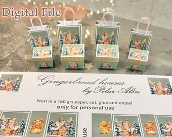 DIGITAL FILE, gingerbread houses, printable christmas bag, Christmas box, miniature for dollhouse, parcel gift, Instant DOWNLOAD, diy file
