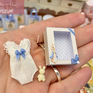 Miniature Peter Rabbit baby romper gift box, 1:12 dollhouse bunny toy, Beatrix Potter nursery decor, pink and blue collectible