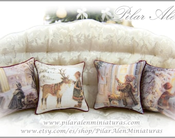 Victorian Christmas pillow, miniature deer cushion, children scene, dollhouse miniature, gift for woman, gift for christmas, mother day