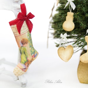 Victorian Christmas Stocking, child scene, holding stocking, stocking stuffers, fireplace decor, christmas tree, gift for woman, mother day
