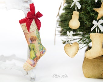 Victorian Christmas Stocking, child scene, holding stocking, stocking stuffers, fireplace decor, christmas tree, gift for woman, mother day