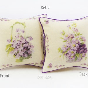 Throw miniature pillow with flowers, basket with violets, romantic cushion, shabby chic, botanical pillow, gift for woman, mother day gift Ref. 2