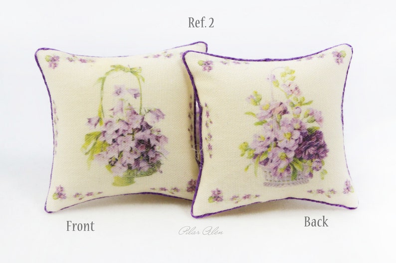 Throw miniature pillow with flowers, basket with violets, romantic cushion, shabby chic, botanical pillow, gift for woman, mother day gift Ref. 2