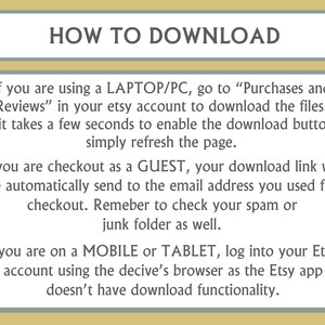 May include: A text-based guide on how to download digital files from Etsy. The guide explains how to download files on a laptop or PC, as a guest, and on a mobile device.