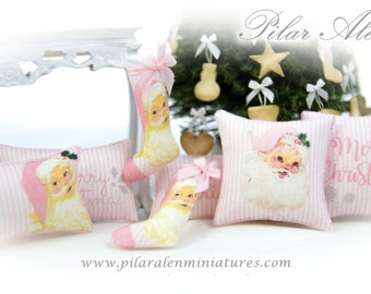 Victorian pink Noel pillow, Christmas Stocking, Santa Claus vintage cushion, dollhouse miniature, gift for woman, stocking stuffers