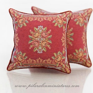 Victorian pillow in red color with floral patterns, miniature for dollhouse, for sofa, Elegant cushion, decor for armchair, gift for woman