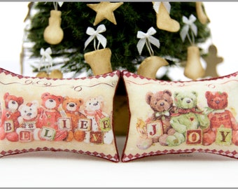 Miniature Christmas teddy bear pillow, vintage holiday dollhouse decor