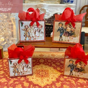 Miniature Victorian Christmas Gift Bags, 1:12 Scale festive dollhouse Decor