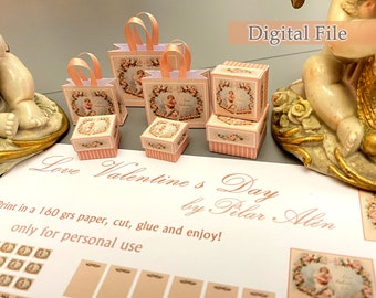 DIGITAL FILE Valentine, shopping bags and boxes, angel designs, lovers day, miniature for dollhouse, parcel gift, Instant DOWNLOAD, diy file