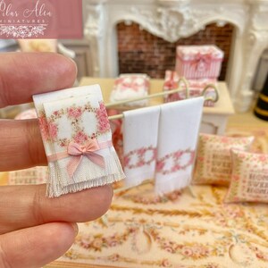 Miniature towel set with pink roses, 1:12 scale dollhouse romantic decor, cottagecore style, shabby chic towel, miniature collector gift