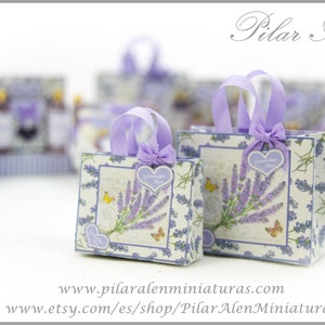 Borsa della spesa in carta color lavanda, per casa delle bambole, scala 12. Casa delle bambole da un pollice. Amore per la lavanda.