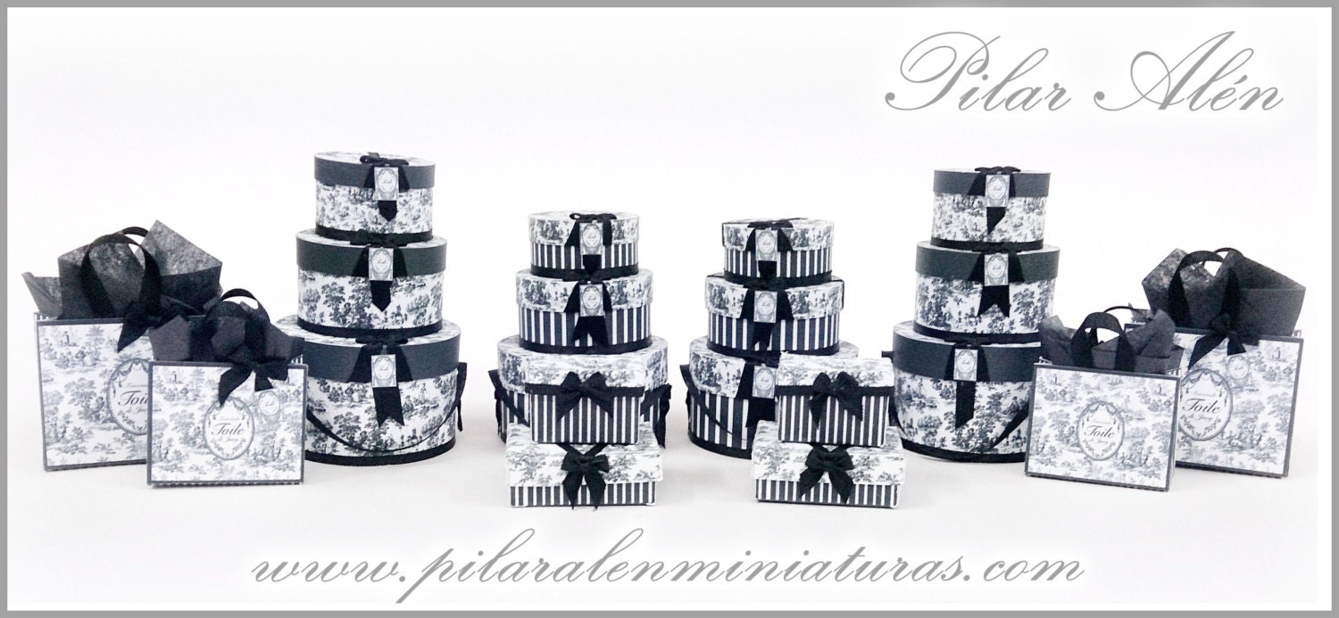 Miniature black Toile de Jouy boxes, 1:12 scale romantic hatbox for dollhouse, french and shabby chic decor, gift for mini collector