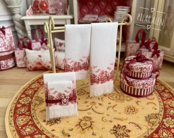 Miniature towels, red Toile de jouy, hand made cotton towels, for dollhouse, french decor for the bath, gift for woman, gift for christmas