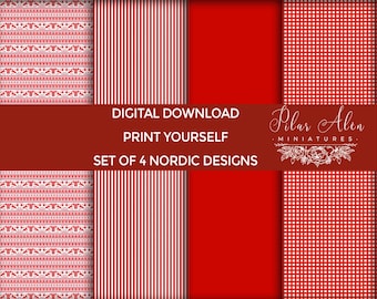Set of 4 Nordic red and white printables, dollhouse fabrics and wallpapers, digital download