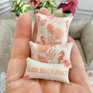 Boho Coastal pillow, seahorse cushion, dollhouse miniature, throw corals pillow, for the bed, for sofa, for beach house, gift for woman