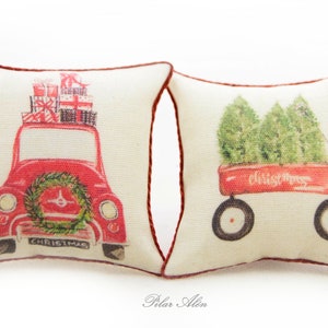 Christmas vintage pillow, red car with gifts, cart with Christmas tree, for dollhouse, gift for woman, gift for christmas, christmas decor