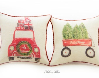 Christmas vintage pillow, red car with gifts, cart with Christmas tree, for dollhouse, gift for woman, gift for christmas, christmas decor
