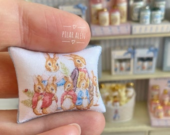 Miniature pillow, Peter Rabbit family, Beatrix Potter, cushion for crib, nursery decor, for dollhouse, gift for christmas, for woman