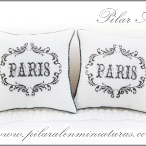 May include: Two white decorative pillows with black embroidery that reads "PARIS" in a decorative font. The pillows are on a white surface.