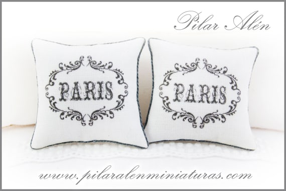 Dollhouse Paris Pillow, Miniature Shabby Chic Cushion, 1:12 Scale