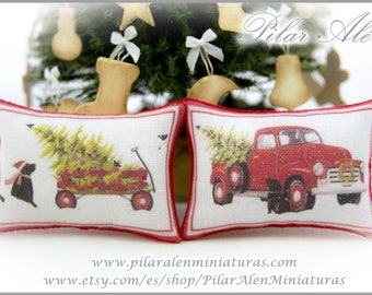 Christmas vintage pillow, red van with fir tree, red Ford pickup cushion, sled with christmas tree, gift for woman, gift for christmas