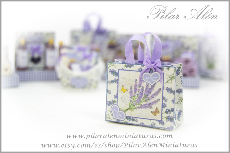 Lavender paper shopping bag, for dollhouse, 12th scale. One inch dollhouse. Lavender love. image 2