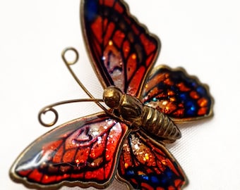Vintage Unique  Butterfly Brooch, Insect Pin, Rare, Red, Purple, Blue Copper Butterfly