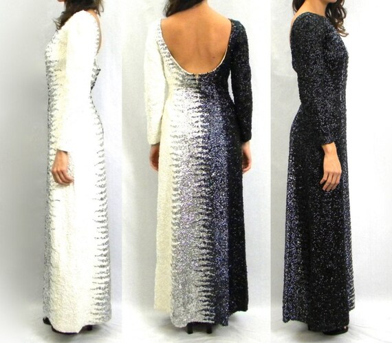 60s Black White Silver Sequin Evening Gown Small Formal Etsy