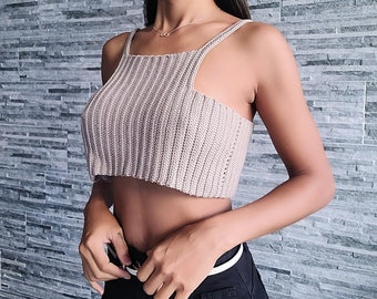 Top de crochet en gris medio, top de canalé, talla S