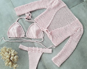 Crochet mesh top(3/4 sleeves length) with a bikini set