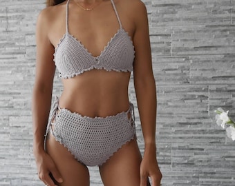 Crochet high waisted bikini set, criss cross sides, bikinis set , choose your size and colours