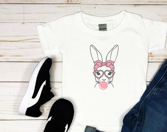 Ostermädchen Shirt, Hase mit rosa Brillen Shirt, Ostershirt, Kinder Osterhase Grafik Tee, Osterhase, Bubble Gum Bunny Tee, Familie