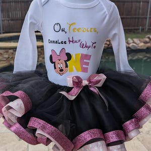 Half birthday girl 6M birthday Minnie Mouse shirt/Personalized shirt/Oh toodles I'm half way through to one black /pink tutu outfit image 4