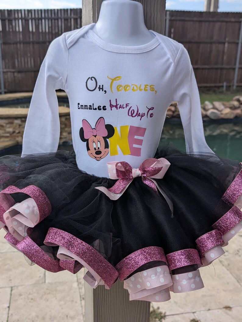 Half birthday girl 6M birthday Minnie Mouse shirt/Personalized shirt/Oh toodles I'm half way through to one black /pink tutu outfit image 4