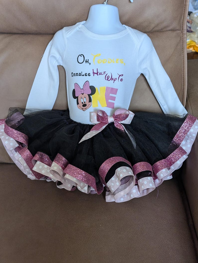 Half birthday girl 6M birthday Minnie Mouse shirt/Personalized shirt/Oh toodles I'm half way through to one black /pink tutu outfit image 5