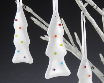 Rainbow Lighted Snowy Tree Ornament, Handmade Fused Glass Christmas Holiday Decoration