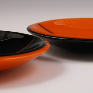 Set of Two Round Orange and Black Handmade Fused Glass Wobble Bowls