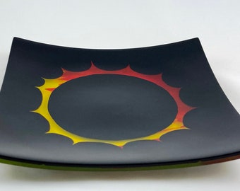 Solar Eclipse Plate with Sun’s Corona around Black Moon, Square Handmade Fused Glass Platter, Great North American Total Solar Eclipse