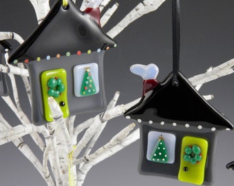 Home for the Holidays Ornament, Handmade Fused Glass House at Christmas Holiday Decoration